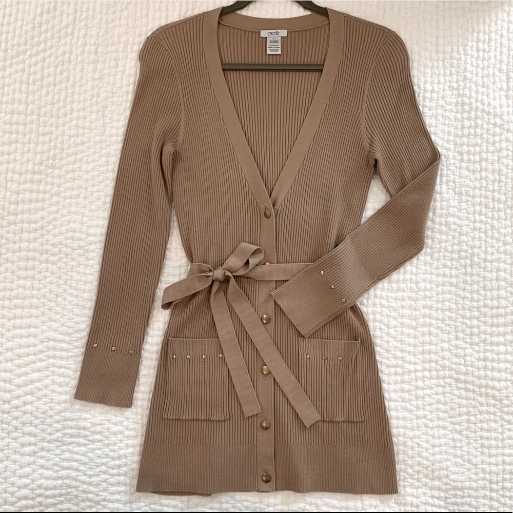 Cache Long Tan Cardigan with Gold Studs